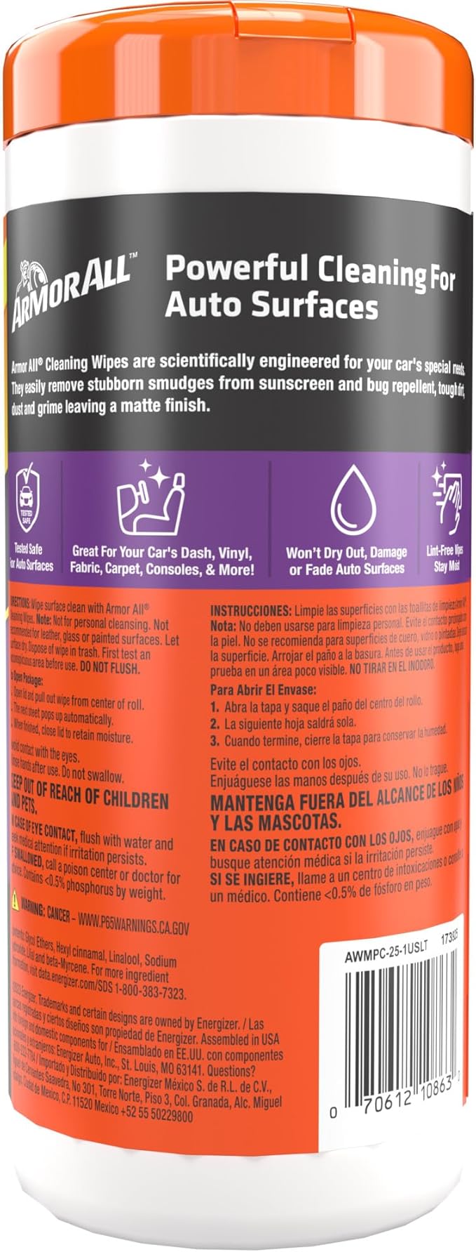 Armor All Interior Car Cleaning Wipes, 25 Count Canister, Powerful Cleaning for Dashboards, Vinyl, Clear Plastics, Carpet and Fabric