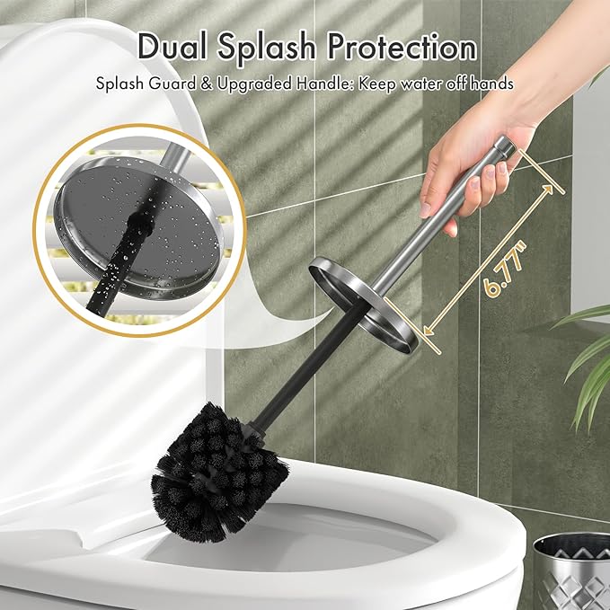 Toilet Bowl Brush and Holder Set 2 Pack with 4 Extra Brush Heads | Extra Long Handle with Splash Guard Cover, Tool-Free Installation, Bathroom Space-Saving, Cleaner Sets for Apartments, RV (Silver)