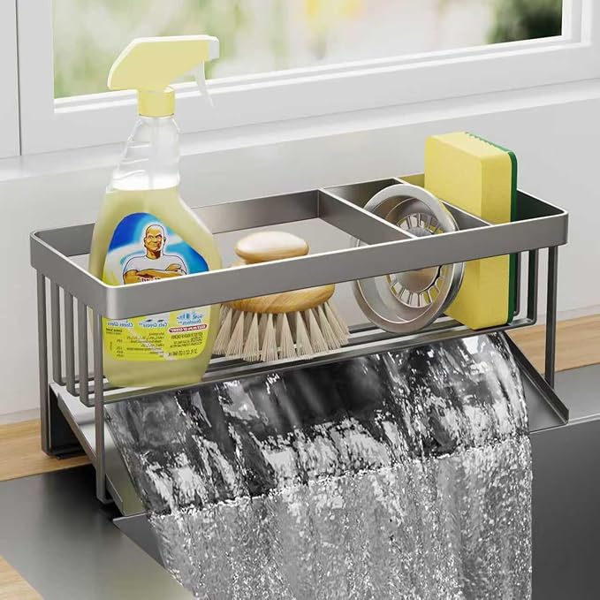 Kitchen Sink Caddy Organzier with Sponge Holder and Removable Drip Tray for Kitchen Sink, 304 Stainless Steel Organize for Sponge Soap Dish Brush Storage Accessories(Grey)