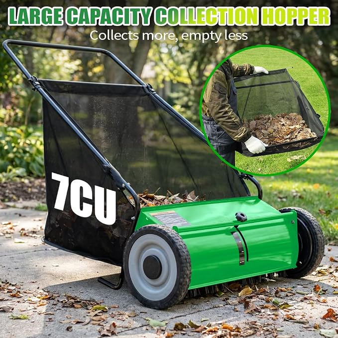 PPOLB 26" Push Lawn Sweeper, 7 cu.ft Large Capacity Yard Sweeper Push, 5:1 High-Density 4 Brushes, Adjustable Height, Heavy Duty Leaf Collector with Detachable Hopper, Rubber Wheels, Ergonomic Handle