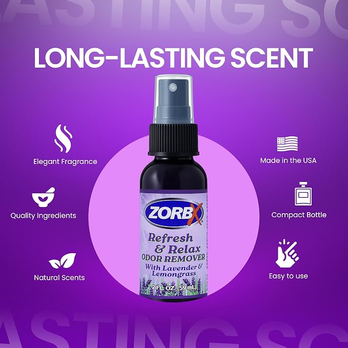 ZORBX Refresh & Relax Lavender Lemongrass Odor Remover Spray 2 Oz | Non-Aerosol Fabric Deodorizer & Room Freshener for Couch, Furniture, Home, Bathroom, Car, Gym & Laundry, Permanent Solution