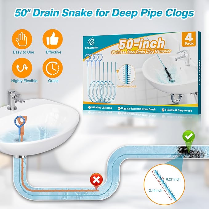 4 Pack 50 Inch Drain Snake Hair Drain Clog Remover Tool for Bathroom Sink | Reusable Brush, 50-Inch Break-Resistant Steel Wire Rope with Nylon Coating, 0.27-inch wand for Shower Drain Cleaning