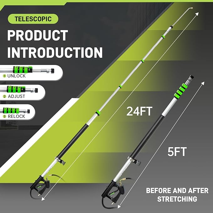 TOR 24 FT Telescoping Pressure Washer Wand with Pressure Washer Extension Wand,Gutter Cleaner Attachment, Pressure Washer Telescoping Wand with 5 Spray Nozzle Tips, 2 Hose Inlet Adapters, Brush Head