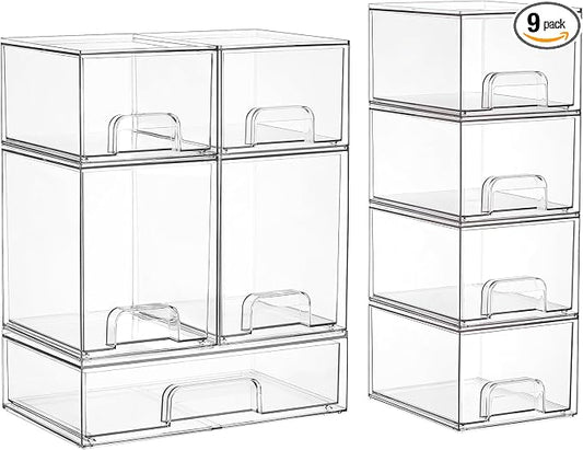 Vtopmart Stackable Storage Drawers Set of 9, Clear Plastic Organizer Bins for Baby Bottle, Beauty Supplies Storage, Ideal for Kichen Countertop, Vanity, Bathroom, Cabinet, Pantry Organization