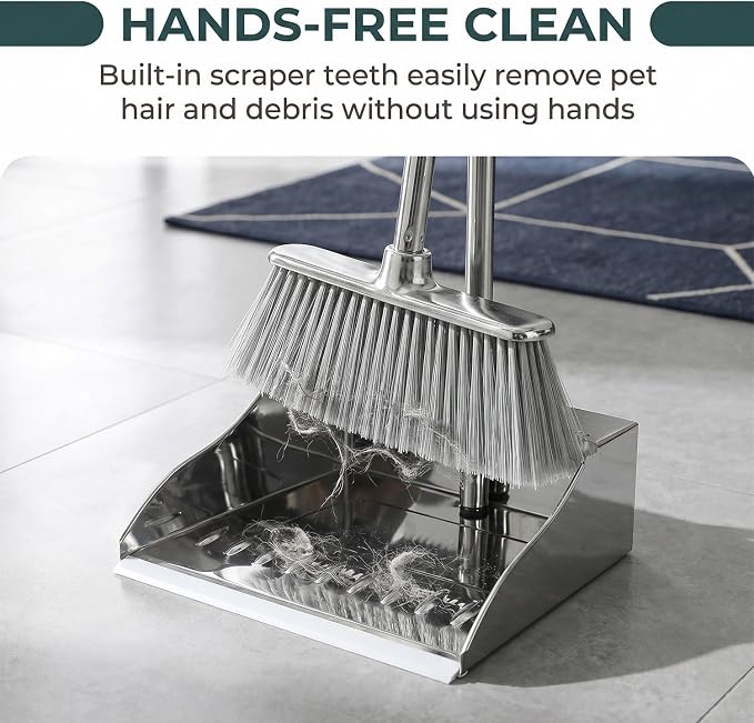 Metal Dustpan with Soft Bristles Broom Heavy Duty Stainless Steel Upright Standing Dust Pan and Broom for Sweeping Indoor Outdoor Home Kitchen Office Lobby Hardwood Floor Cleaning