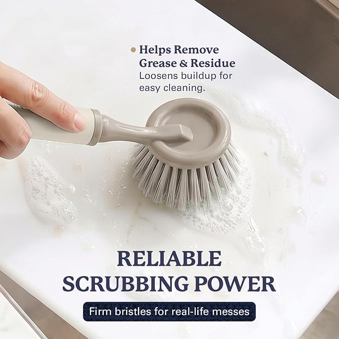 Farberware Dish Brush with Handle, 2 Pack, Firm Bristles | Kitchen scrub brush and dish scrubber removes grease, reaches pot and pan edges, 9in, round head, soft-grip design