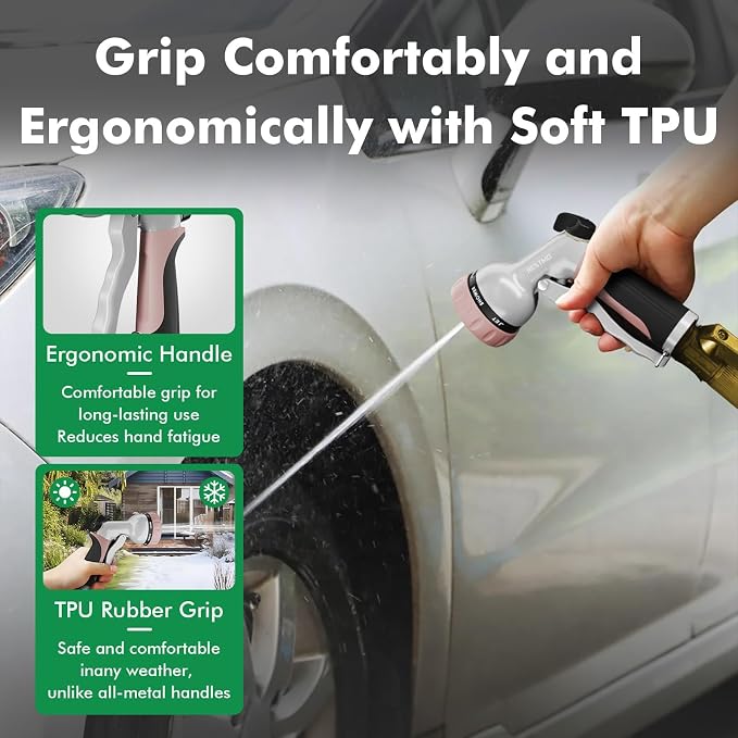 RESTMO Garden Hose Nozzle, Heavy Duty Water Hose Nozzle with 7 Adjustable Spray Patterns, High Pressure Hand Sprayer with Flow Control, for Watering Plants & Lawns, Washing Cars & Pets, Rose Gold