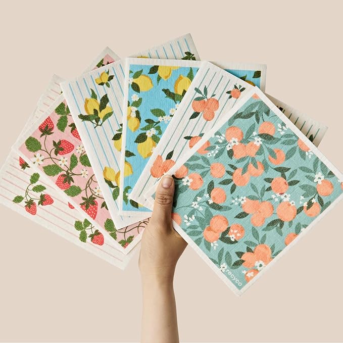 RECYCO Swedish Dishcloths for Kitchen | 6 Packs Orchard Grove Washable Dish Rags | Cellulose Reusable Cleaning Paper Towels | Absorbent Counter Dish Cloth Sponge Kitchen Wipes, 8" L x 7" W
