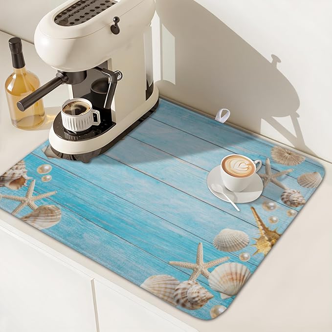 Summer Coastal Dish Drying Mat for Kitchen Counter Seashell Starfish Blue Wooden Board Microfiber Dish Drainer Mat Ocean Nautical Absorbent Washable Drying Pad Extra Large 16"x18"