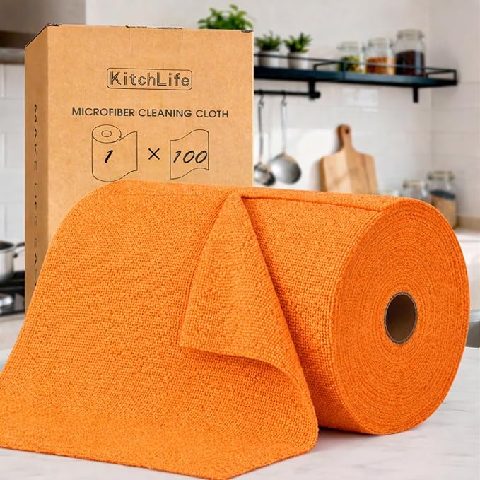 KitchLife Microfiber Cleaning Cloth Roll, 100 Pack - Tear-Away Microfiber Paper Towels, Lint-Free, Reusable, Washable for Kitchen, Car, Dishes, and Sensitive Surfaces (Coral)