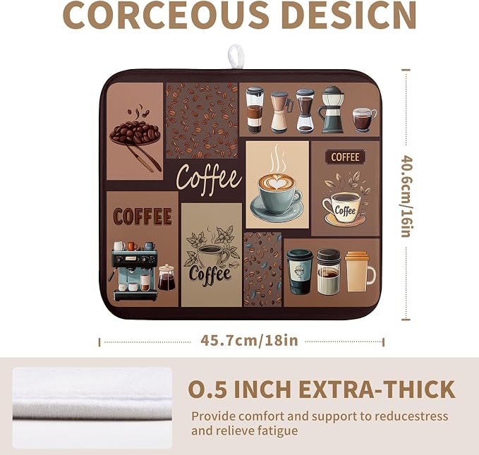 Coffee Theme Dish Drying Mats for Kitchen Counter Absorbent Microfiber Dish Drainer Mats Brown Pattern Coffee Bar Mat for Countertop Washable Dishes Drying Pad 16x18 Inch