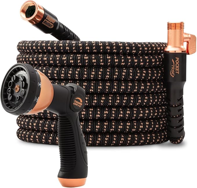 Pocket Hose 100 FT Copper Bullet Expandable Garden Hose w/10 Pattern Thumb Spray Nozzle AS SEEN ON TV 650psi 3/4 in Patented Lead-Free Ultra-Lightweight Solid Copper Anodized Aluminum