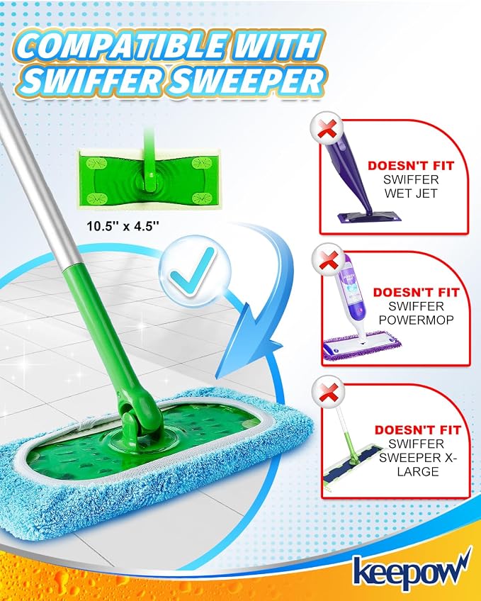 KEEPOW 6 Pack Reusable Mop Pads Compatible with Sweeper Mop, Blue | Premium Microfiber Replacement Pads for Wet & Dry Floor Cleaning, with Mesh Laundry Bag