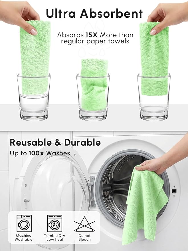 Microfiber Cleaning Cloths Roll, 75 Pack Tear Away Microfiber Towels Roll, 12" x 12" Lint Free Rags, Reusable Cleaning Cloths, Washable, Scratch Free,Ultra Absorbent Dish Rags(Green Ripple)