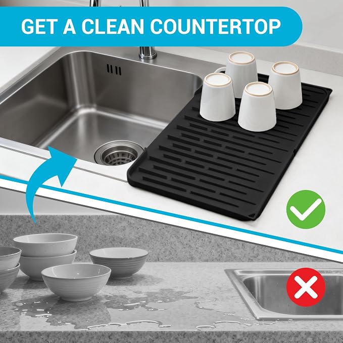 Foldable Silicone Dish Drying Mat for Kitchen Counter & Sink - Quick Dry, Space Saving, Non-Slip Pad for Small Apartments & Coffee Bar Black