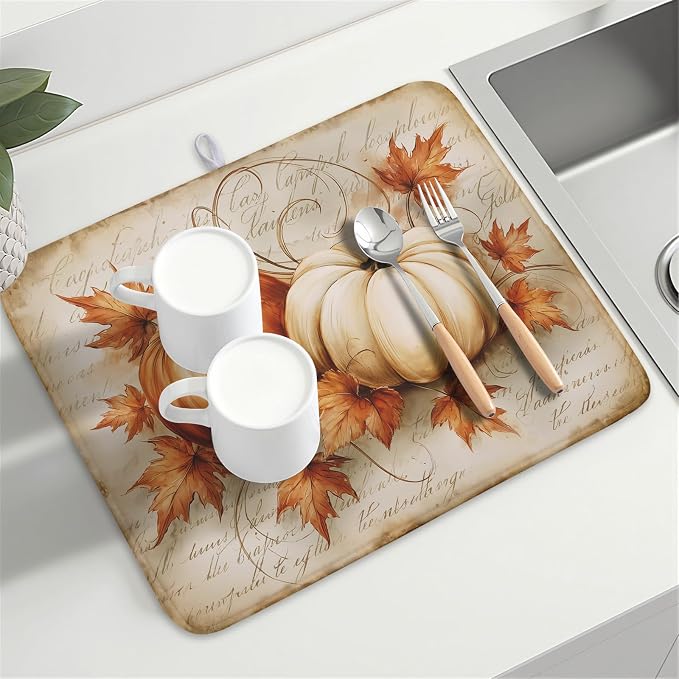 Fall Pumpkin Dish Drying Mat 18”x24”Vintage Autumn Drying Mat for Kitchen Counter Absorbent Maple Leaf Fall Thanksgiving Farmhouse Dishes Pad Drainer Mat Countertop Protector for Kitchen Fast Dry