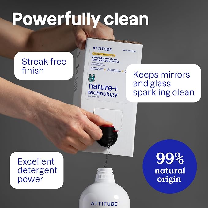 ATTITUDE Window and Mirror Cleaner, EWG Verified, Plant- and Mineral-Based Ingredients, Vegan and Cruelty-free Household Products, Citrus Zest, 27.1 Fl Oz