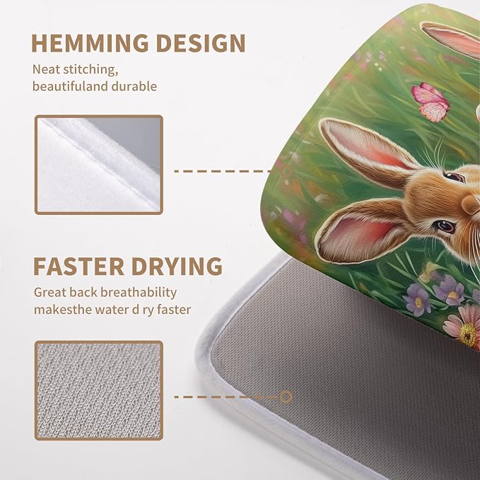 Easter Bunny Eggs Dish Drying Mat for Kitchen Counter 16x18 Inch Spring Easter Rabbit Flowers Drying Mat Microfiber Dish Drainer Rack Mats Absorbent Reversible Dishes Pad Dish Dryer Mat