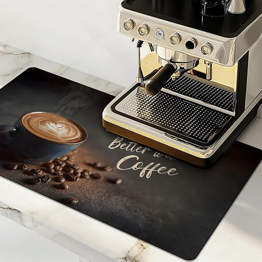 Dish Drying Mat Large Coffee Mat Absorbent Drying Mat for Kitchen Counter Coffee Bar Accessories 32"x 17", Latte Cups 4