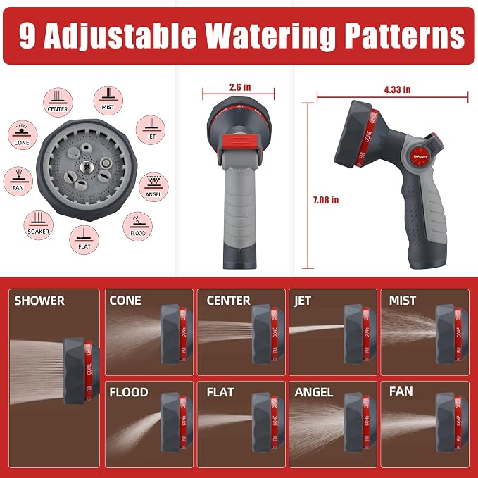 Metal Garden Hose Nozzle Heavy Duty - 9 Spray Patterns, THUMB CONTROL On Off Valve Hose Sprayer Nozzle for Watering Plants & Lawns, Washing Cars & Pets - Outdoor Water Hose Nozzle Head Attachment