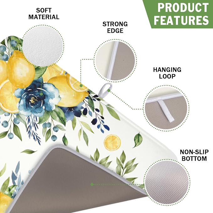 Blue Floral Camellia Lemon Dish Drying Mat 16x18 Inch | Polyester，Absorbent Microfiber，for Kitchen Coffee Dining Bar Decor