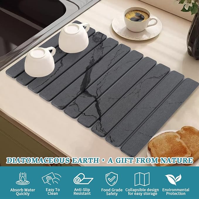 Stone Dish Drying Mat for Kitchen Counter, 24''×15'' Dishes Drying Matt Kitchen Counter, Absorbent Diatomaceous Earth Bath Quick Dry Mats for Tableware, Bottles and Cup(Dark Grey Marble)