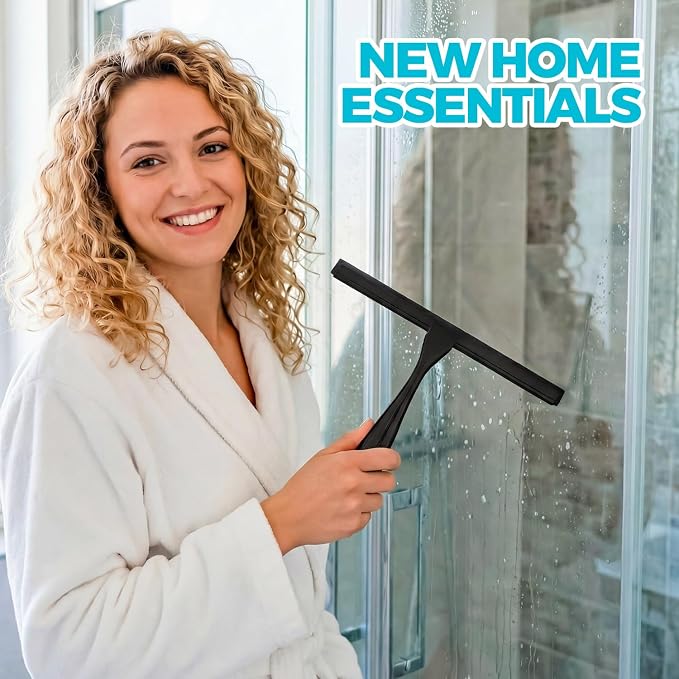 ALFLOD 2pcs Shower Squeegee for Glass Doors with Adhesive Hanging Hook Set | 12” black, bathroom accessories, window cleaner, new home essentials, soft rubber blade, metal handle, ergonomic grip