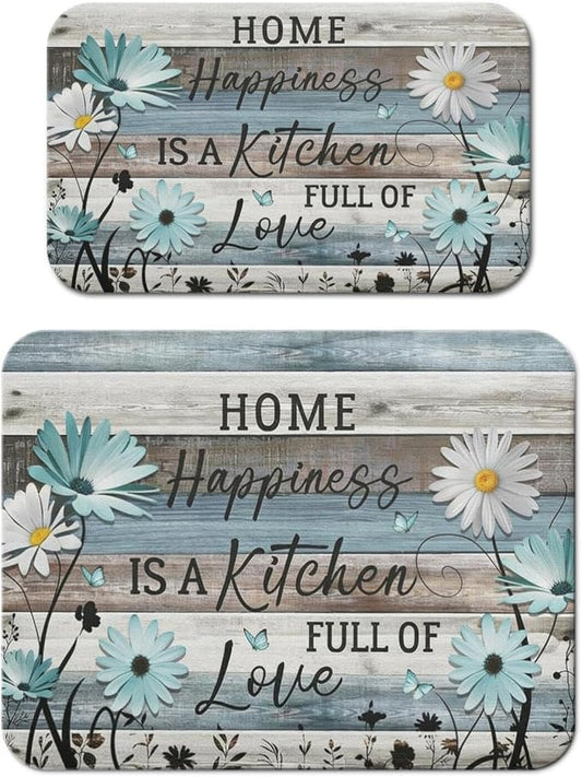 Dish Drying Mat 2-Pack in Daisy Floral Wood for Kitchen Counter Dishes Mat | Diatom Mud Mats (18x24, 19.5x12"). Non-slip rubber back for kitchen counter, coffee bar & sink scenes