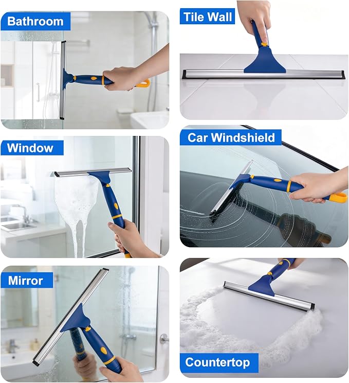 ITTAR 12 inch Rotatable Shower Squeegee for Glass Doors, Multi-Purpose Window Squeegee with Hook & Refill Rubber Blade, Bathroom Cleaner Tool for Shower Door Window Mirror Wall Car Windshield