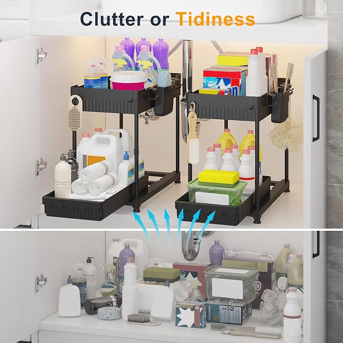 Sevenblue 2 Packs Under Sink Organizer, 2 Tier Under Kitchen Sink Organizer, Multi-Purpose Storage Shelf for Kitchen Bathroom Cabinet, Deep-Black,12.85 Inches