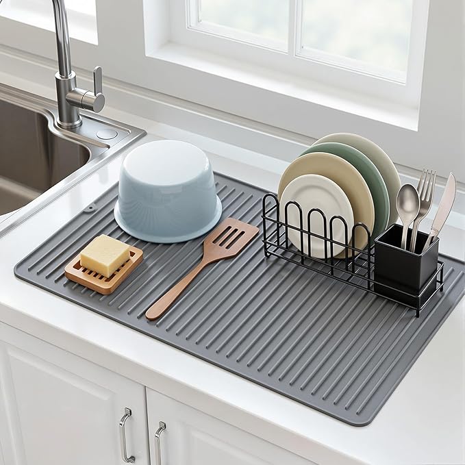 Songrey 28" x 18" Silicone Dish Drying Mat, Kitchen Counter Drying Pad for Sink Dishes or Under Rack, Multi-Use as Heat Resistant Trivet, Coffee Bar Mat