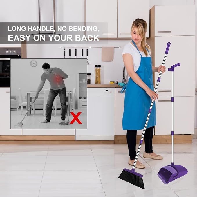 Purple Broom with Dustpan Combo Set, 51" Long Handle Household Cleaning Tool, Ideal Broom and Dustpan Set for Pet Hair and Home Use
