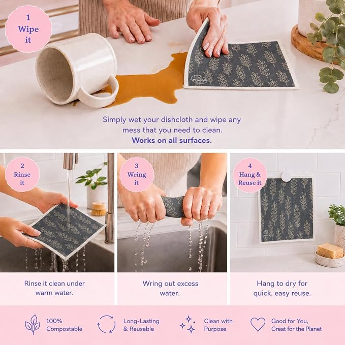Harps&Seb Swedish Dishcloths for Kitchen Dishcloths - 6 Pack, Reusable Paper Towels with Clips, Super Absorbent Washable Non-Scratch Swedish Dish Towels, No Odor, Biodegradable