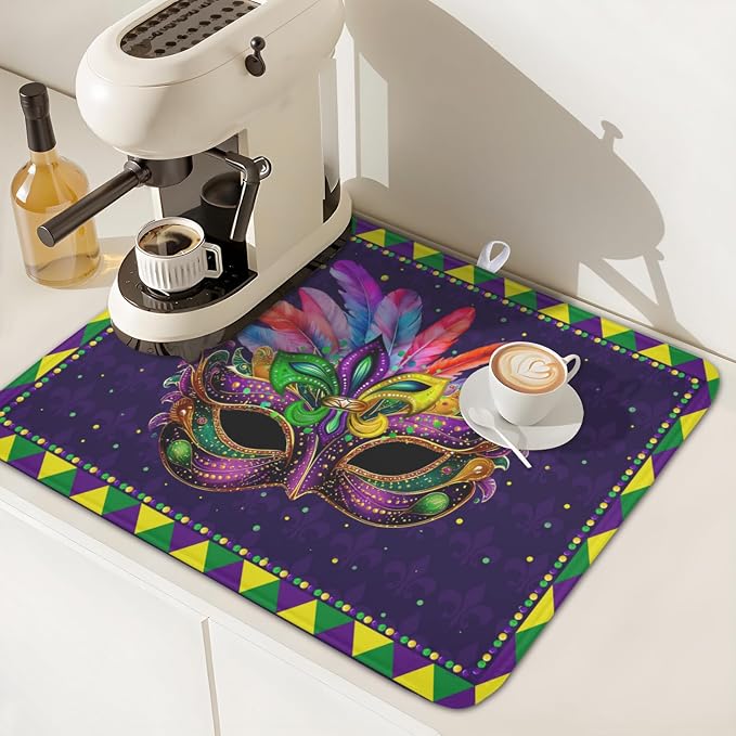Mardi Gras Dish Drying Mat for Kitchen Counter Masquerade Mask Feather Dishes Drying Mat Microfiber Absorbent Reusable Washable Dishes Drainer Rack Mats 16x18 Inch