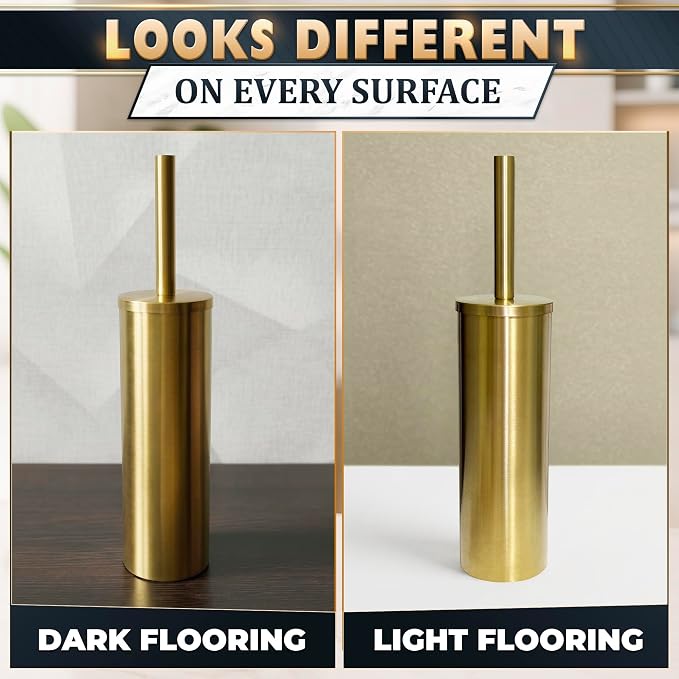 2 PCS Gold Toilet Brush and Holder Set - Brushed Stainless Steel Gold Toilet Bowl Brush and Holder with Replacable Head, Removable Inner Bowl, and Splash Protection - Dense Bristles for Cleaning