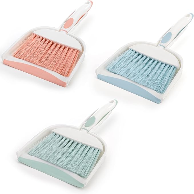 Frcctre 3 Pack Small Dustpan and Brush Set, Multipurpose Plastic Small Hand Whisk Broom and Dustpan Set Cleaning Sweep Tools for Desk Car Keyboard Countertop Home Kitchen