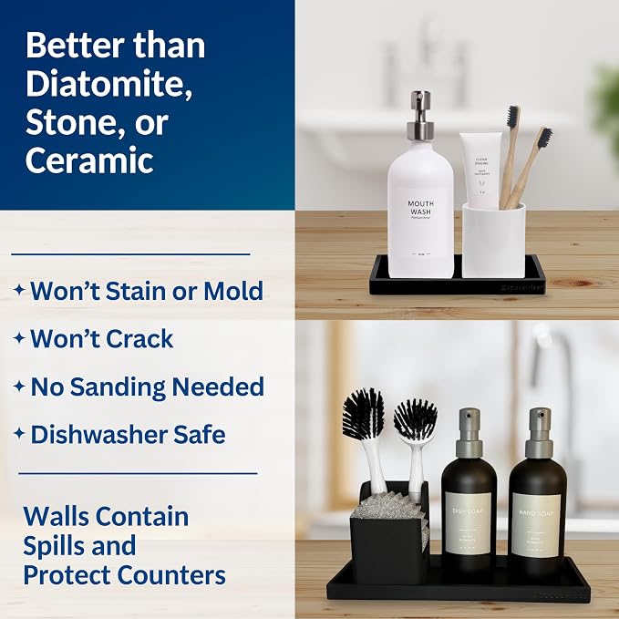 Spacewiser Countertop and Vanity Tray - 2 PC (11” and 7”) Shatterproof Silicone Kitchen and Bathroom Trays for Counter, Kitchen Soap Dispenser Tray, Vanity Trays for Bathroom, Perfume Key Tray