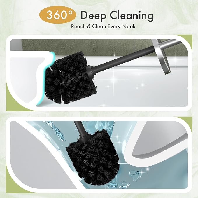 Toilet Bowl Brush and Holder Set 2 Pack with 4 Extra Brush Heads | Extra Long Handle with Splash Guard Cover, Tool-Free Installation, Bathroom Space-Saving, Cleaner Sets for Apartments, RV (Silver)