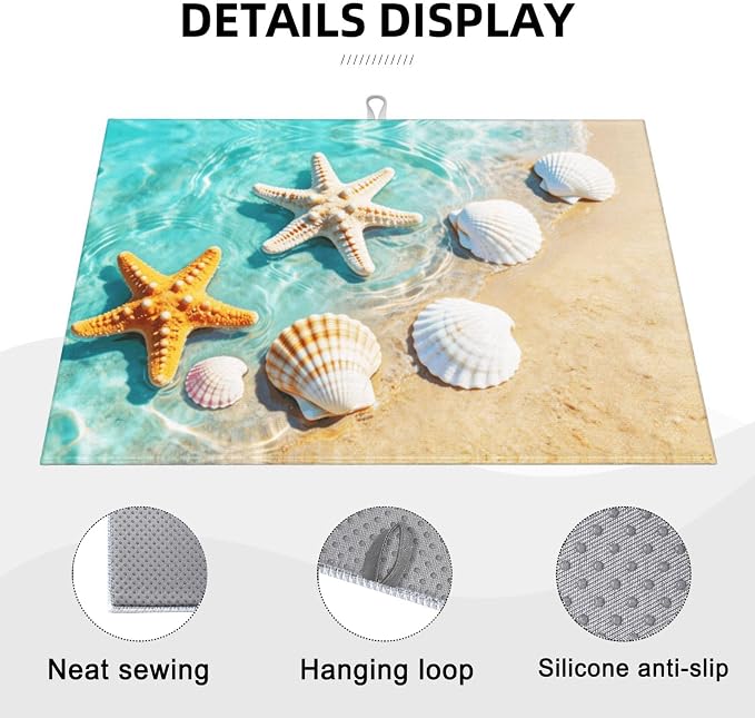 Ocean Sea Dish Drying Mat for Summer Kitchen Counter, Microfiber Absorbent Beach Dish Draining Mat Extra Large 18"x24"