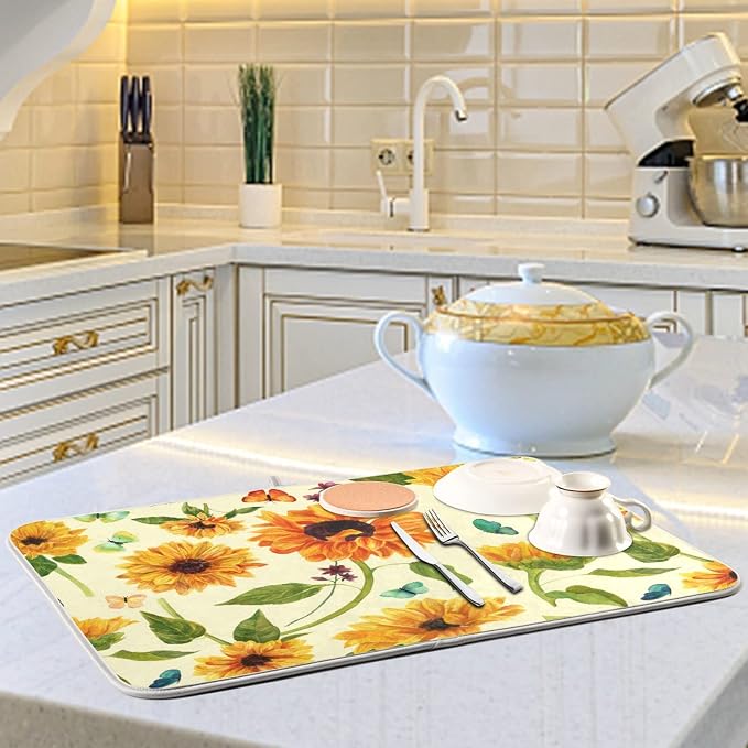 Absorbent Dish Drying Mat for Kitchen Counter - Yellow Sunflowers Butterfly Floral Microfiber Drying Pad, Reversible Drainer Mats for Countertop, Small 16 x 18 inch