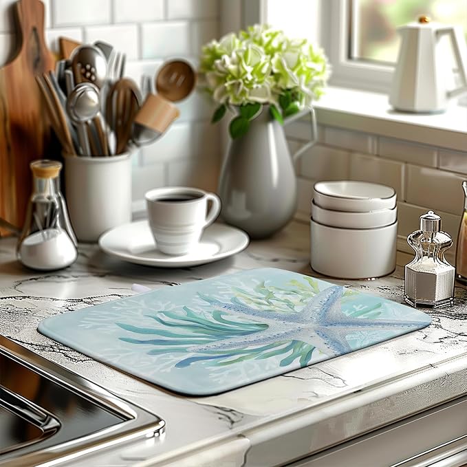 Summer Coastal Dish Drying Mat for Kitchen Counter Nautical Beach Starfish Coral Dish Drying Pad Ocean Teal Blue Dish Mat Absorbent Microfiber Dishes Drainer Mats 16"x18"