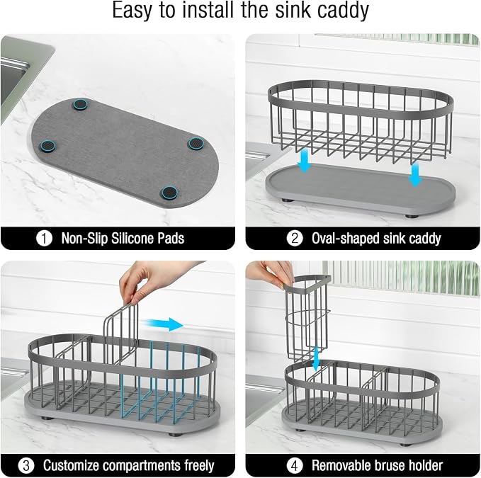 Sponge Holder for Kitchen Sink with High Brush Holder, [Stay-Dry Anywhere & No Drainage Needed] Rustproof Stainless Steel Kitchen Sink Caddy Organizer with Water Absorbing Stone Tray, Grey