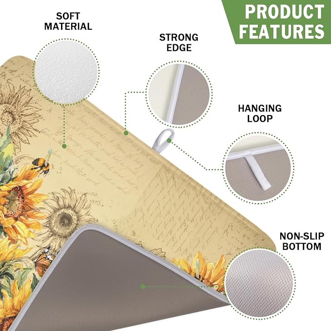 Sunflower Dish Drying Mat for Kitchen Counter Vintage Yellow Sunflowers Microfiber Dish Drainer Mat Spring Summer Watercolor Floral Absorbent Washable Drying Pad Extra Large 16"x18"