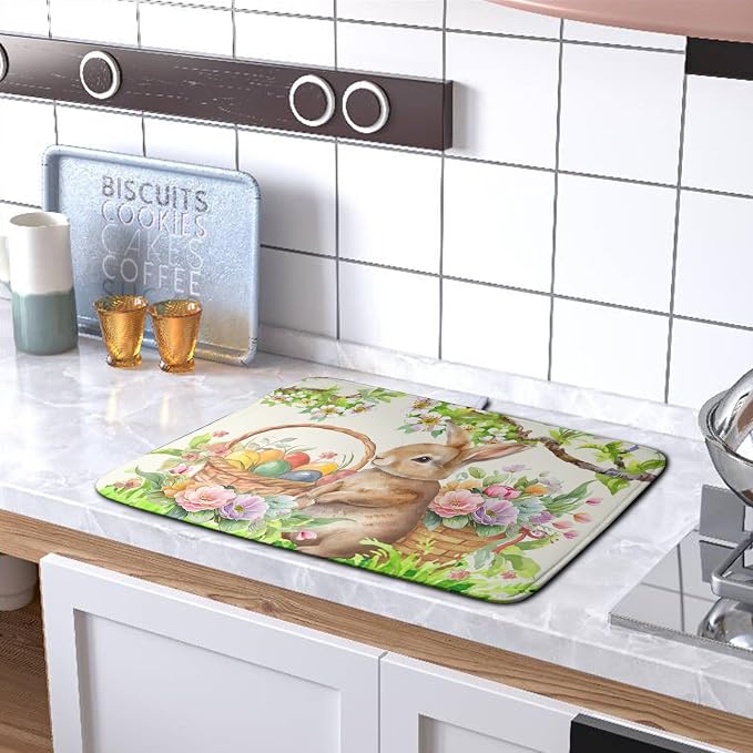 Happy Easter Bunny Kitchen Dish Drying Mat for Dishes 18x24 Inch Spring Colorful Floral Flower Basket Drying Mats Easter Eggs Dish Drainer Mat Super Absorbent Dish Rack Pad for Coffee Bar Sinks