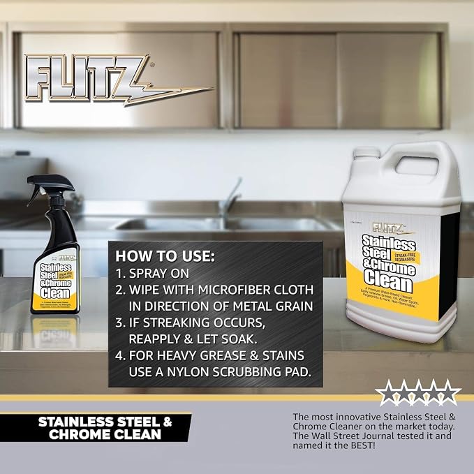FLITZ Stainless Steel & Chrome Clean - 8oz Bottle, USA-Made Stainless Steel Cleaner Spray for Appliances - Grill, Fridge, Sink Stain Remover - Also Works on Aluminum Surfaces (1 Pack)