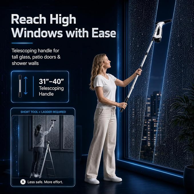 Window Vacuum Squeegee with Long Handle, Cordless Window Vacuum Cleaner, Electric Window Cleaner and Shower Glass Cleaner for Mirrors, High Windows, Tiles, Car Windows, 3000Pa, Type-C