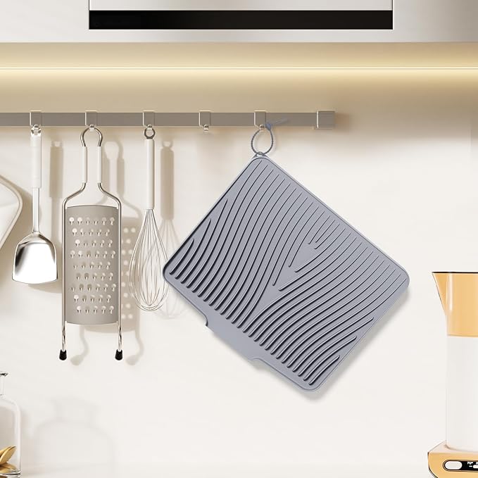 Silicone Dish Drying Mat for Kitchen Counter, 15.8"x13" 2Pcs Extra Large Non-Slip Drain Pad with Built-in Drainage, Heat Resistant Dishwasher Safe, Grey