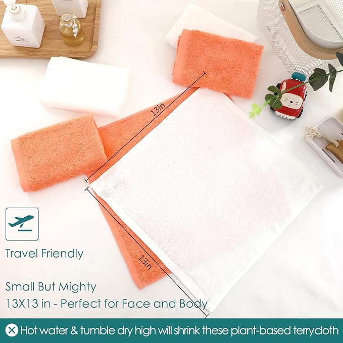 Wash Cloths 6 Pack,Face Towel for Sensitive Skin,13''x13'',White+Orange | 100% Viscose,Women Makeup Removal,Extra Soft,Gently Wash Face & Body,Fast Dry,Hanging Loop,Face Cleansing,Bathroom,Travel Use