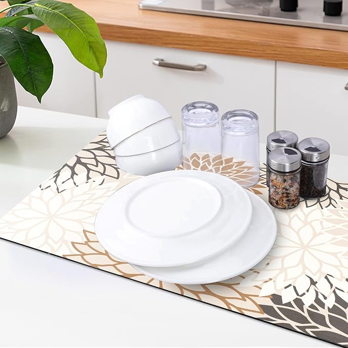 Findosom 2PCS 12" x 20" Dish Drying Mat & 24" x 5.5" Sink Splash Guard, Super Absorbent & Cuttable Dish Mat Drying Kitchen Mat with Brown Floral, Hide Stain Drying Mat for Kitchen Counter