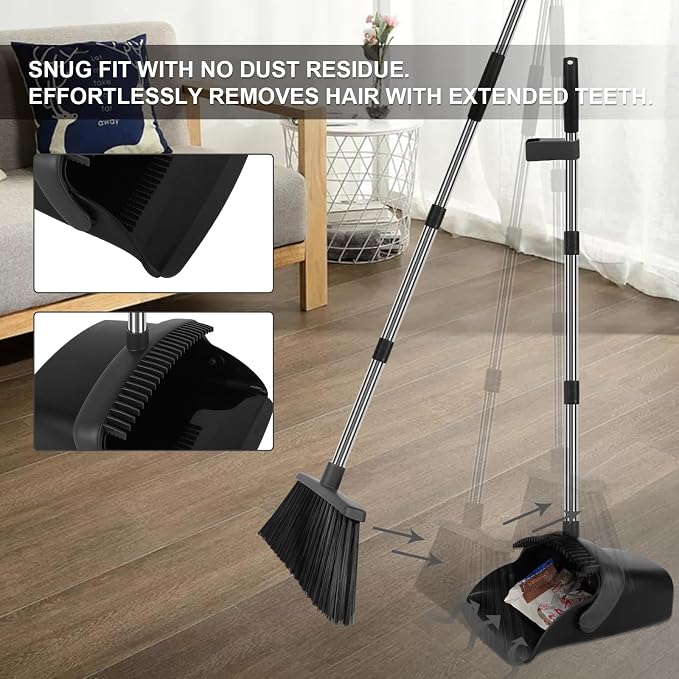 Black Broom and Dustpan Combo Set, 55" Long Handle Broom | Large Area Outdoor Cleaning, Extended Reach Design, Built-in Comb Dustpan, Foldable Storage for Garage, Patio & Home
